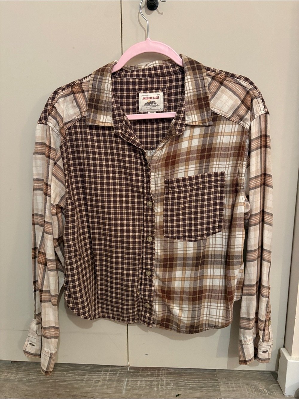American Eagle Outfitters Brown Plaid Patchwork Button-Down Shirt
